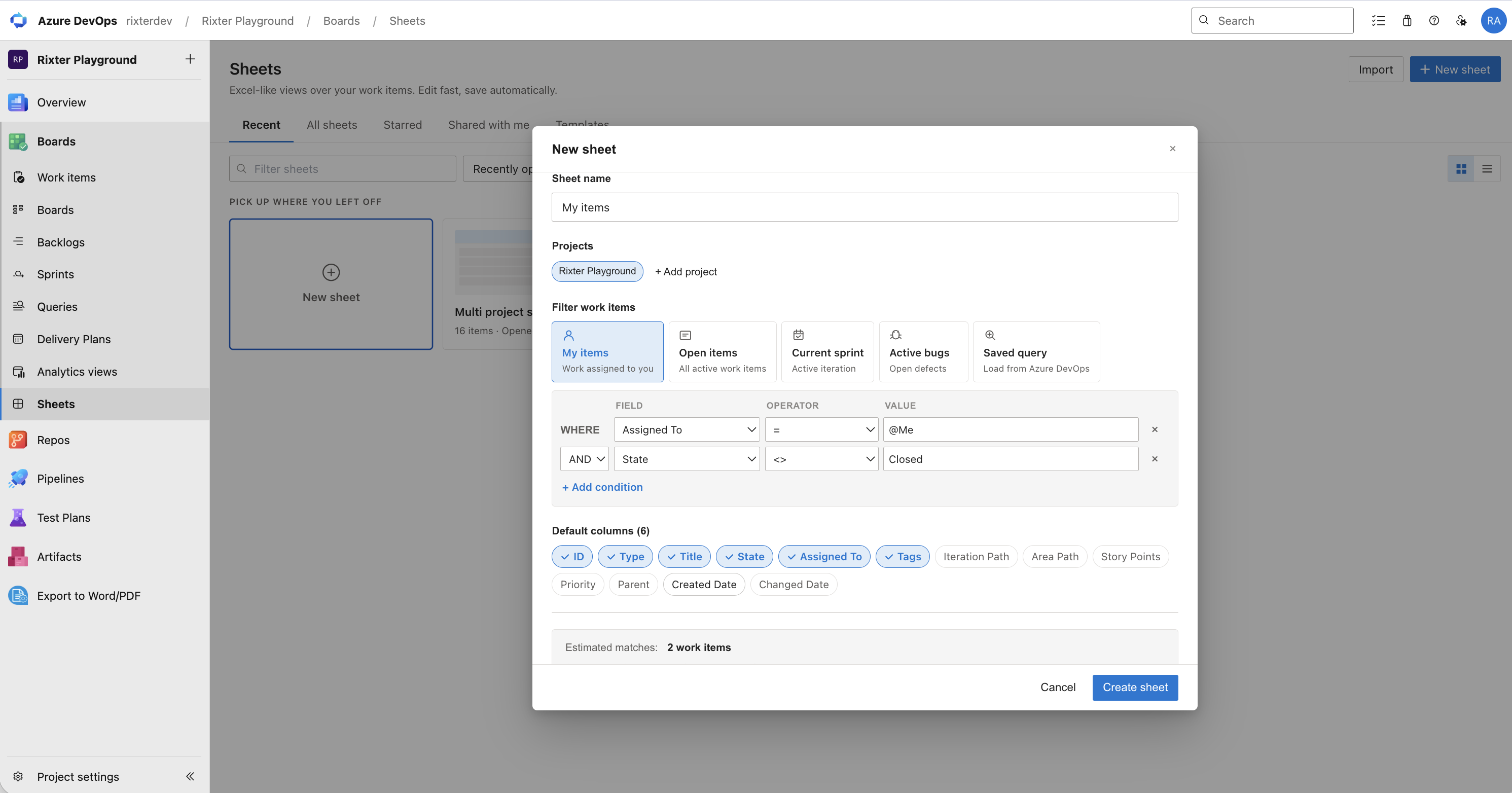 Creating a new sheet in Work Item Sheets